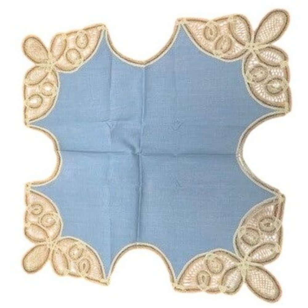 Vintage Light Blue Doily Basket Liner 16"x16" with Beige Lace Floral Design